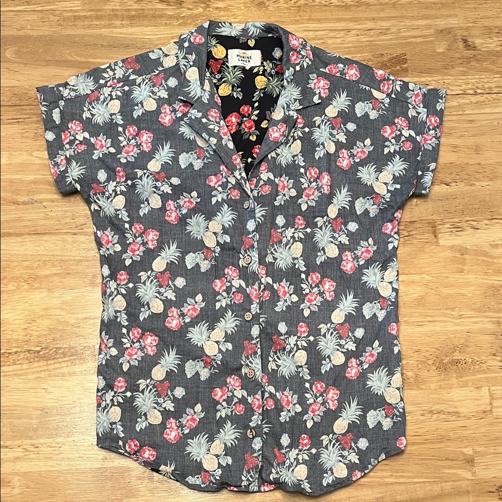 Marine Layer Floral Button Down Shirt - Gray, Red, Yellow